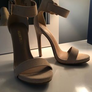 Womens tan suede high heel sandal.